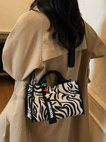 Fashionable Versatile Fabric Bag, Commuter Zebra Print Handbag - Black and White - View 4
