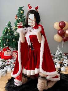 1件性感兔女郎连帽斗篷，仿毛皮天鹅绒圣诞披肩，女士派对服装斗篷 - 彩色 - 查看 7