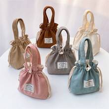 1pc Women's Handbag With Drawstring Closure, Simple And Durable, Women'S Versatile Corduroy Bag, Corduroy Drawstring Handbag, Lightweight Foldable Purse With Corduroy Exterior & Drawstring Closure, Minimalist Bag For Camping Travel, Work - Màu xanh bụi bặm - Xem 3