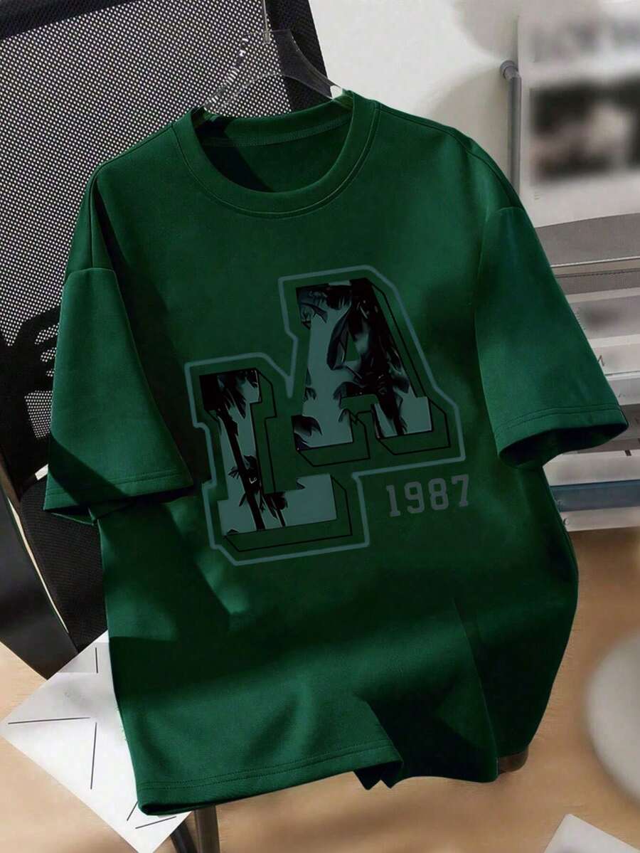 Teenager Boys' Los Angeles Graphic Round Neck T-Shirt, Boys' Casual Soft Tee Shirt For Summer - Dark Green - View 1