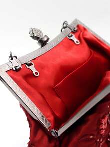 1pc Red Rose Embroidered Beaded Sequin Floral Decorated Metal Handle Vintage 1920s Elegant Clutch Bag, Suitable For Women's New Year Red Party Dress, Wedding, Formal Occasion, Valentine's Day, Mother's Day, Teacher's Gift, Cheongsam - Red - View 5