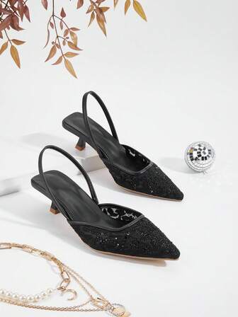 Damskor med strassdekor, kitten heel, spetsig tå, ihåliga slip-on-sandaler, moderiktiga och eleganta för fest och formella klänningar, låga klackar