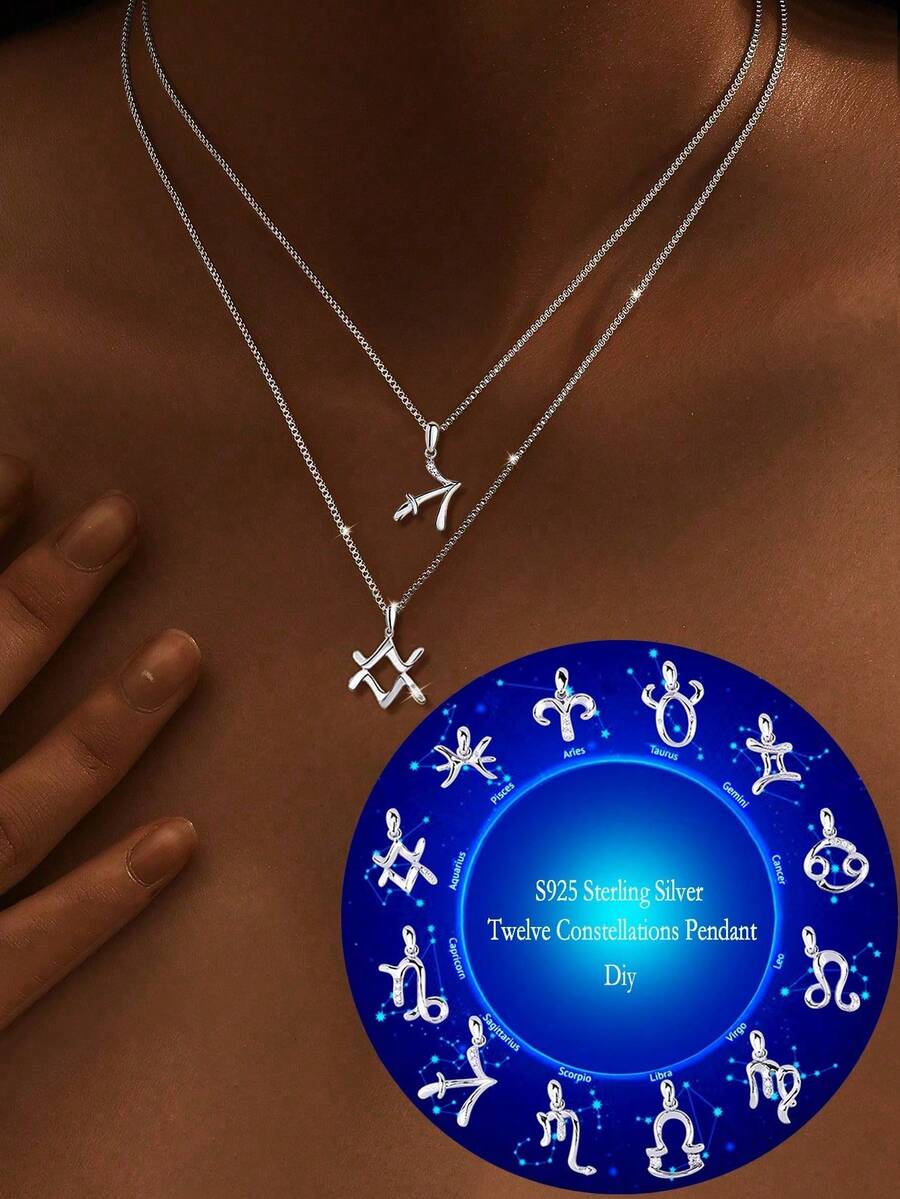 1件S925纯银大号十二星座吊坠DIY项链，适合日常佩戴，是送给少女和母亲节的最佳礼物 - 銀色 - 查看 1