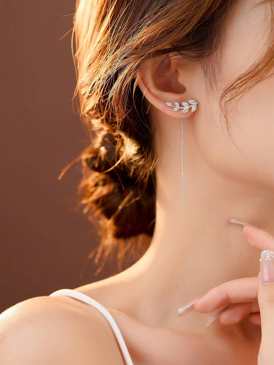 Nooxian 2pcs Micro-Inlaid Zirconia Leaf Metal Wire Tassel Zirconia Ear Line Earrings For Women