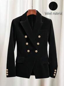 Women's Elegant Commuter Velvet Double-Breasted Long Sleeve Blazer, Autumn/Winter - Black - View 1