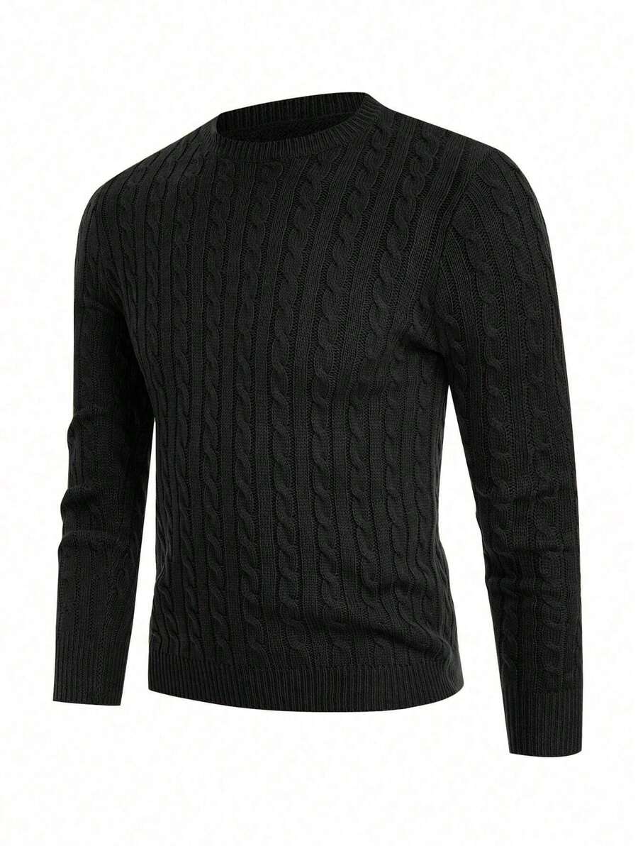 Jersey de cuello redondo de manga larga de unicolor con cordón trenzado para hombre - Negro - Ver 1