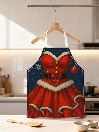 1 件优雅圣诞主题厨师围裙，配有圣诞帽和雪花设计 - 耐用的涤纶厨房围裙，适合烘焙、烹饪和节日装饰 - 送给情侣的完美礼物，烘焙围裙 | 圣诞帽围裙