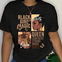 Rovax Plus Size Short Sleeve T-Shirt With Slogan And Portrait Print, MAGIC, QUEEN CONFIDENT STRONG MAGIC DOPE Pretty Graphic Tee, Women Summer Top.Jpg Women's Solid-Colored Boat Collar Short-Sleeve One-Piece Shirt, Suitable For Summer Wear With Printed Shirts, Ladies' Tops, And Printed Short Sleeves - Black 3 - View 6