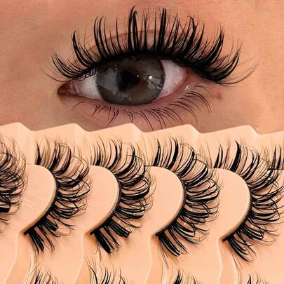  Asiteo 7对装浓密卡通湿润效果假睫毛，D卷俄式蓬松仿貂毛睫毛，Y2K浓密柔软长卷假睫毛