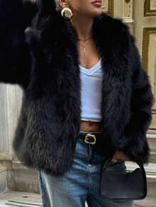 TRAFZA Women's Faux Fur Short Coat Women Fluffy Lapel Long Sleeve Warm Thick Loose Jacket Fashion Winter Lady High Street Outwear - Black - View 6