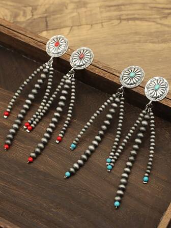 一对波西米亚风流苏复古银色、绿松石色和红色绿松石色串珠西部乡村风格时尚耳坠，适合女性日常佩戴