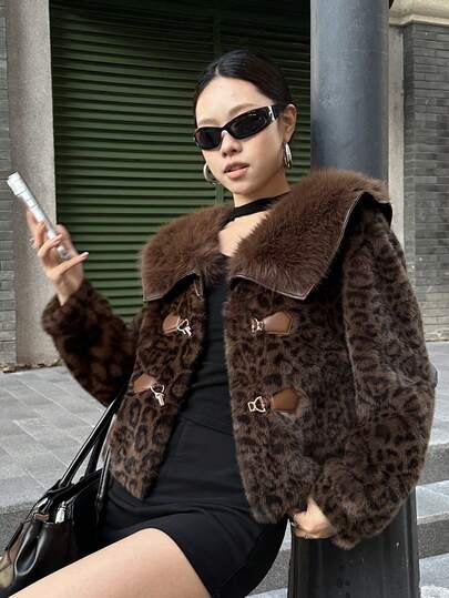 Damen Winter Neu Leoparden Muster Kunstpelz, Luxus Kragen Hochwertige Jacke, Kunstpelz Kurzer Mantel für Abend-Date