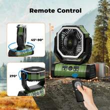 Ventilador portátil de camping con luz y control remoto, doble gancho, de plástico, recargable a batería, silencioso, USB, para escritorio, tienda de campaña, viajes, autocaravana, 20000 mA - Verde militar - Ver 2