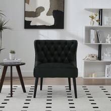 Single Armchair In Technical Fabric With Pull Button, Modern Armless Design With Rivet Trim And Solid Wood Legs For Living Room, Bedroom - Emerald + Velvet - View 8