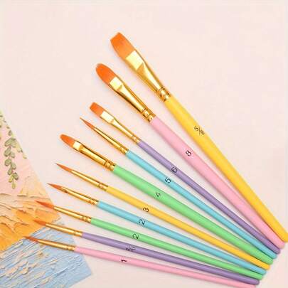 10pcs/Set Colorful Watercolor Brush Set - Nylon Hair, Wooden Handle - Suitable For DIY Oil Painting, Acrylic Painting - Art Supplies, Halloween, Christmas, Thanksgiving Gifts