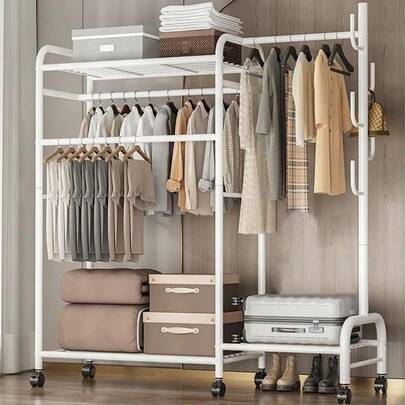 Garment Rack With Wheels Heavy Duty Metal Clothes Rack With Shelves Free Standing Clothing Hanging Rack Portable Closet Wardrobe Rack Top Bottom Storage Shelf Handbags Bedroom Organizer White