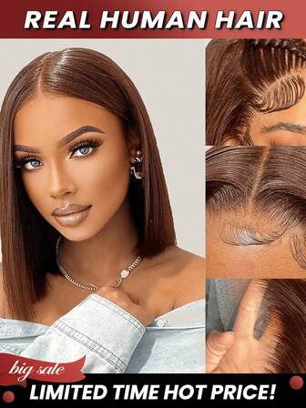 热销短款鲍勃假发 13*4 透明蕾丝前额真人发预拔巴西真人发女士无胶假发真人发直发鲍勃假发女士 8-10 英寸短款精灵短发