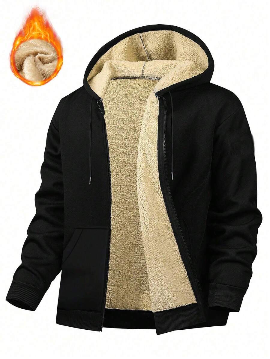 Men's Casual Zip Up Hooded Sweatshirt, Jet Black, Sherpa Lined With Front Pockets, Streetwear Style Pullover, Fall/Winter