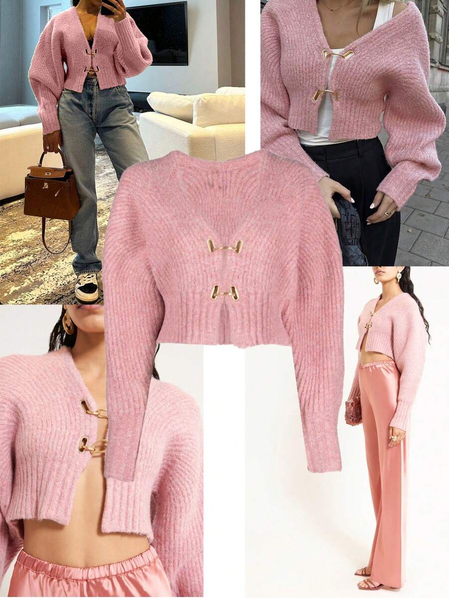1pc Solid Color Knitted Ribbed Button Closure Short Cardigan, Suitable For Casual, Evening Date, School, Office, Home Wear In Autumn