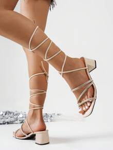 Women's Fashion Sandals, Fairy Style 2025 New Versatile Chunky Heel Crystal Wrapped Roman Elegant High Heels,Summer Shoes - Beige - View 4