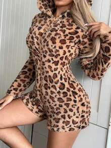 SANRIO Leopard Print Women's Casual Hooded Plush Jumpsuit, Comfortable & Minimalist, Suitable For Autumn/Winter Home Wear - Brown - View 8