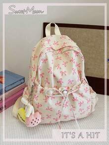 Mochila dobrável branca de nylon, estilo universitário casual, com estampa de laço, cordão, vários bolsos, grande capacidade e pingente de desenho animado. Ideal para estudantes, formandos, aulas, treinos, deslocamentos, passeios, compras, viagens, organização de pertences e como presente de formatura. - Branco - Ver 1