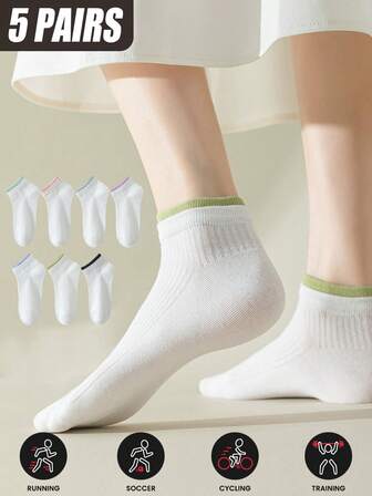 5 Pairs/Set Women's Sporty Ankle Socks, Colorblock Design, Versatile White Short Socks, Korean Style