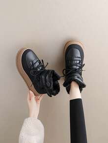 Women's Winter New Thick-Soled Snow Boots, Women's Thermal Lined Thickened Leather Boots, Waterproof And Non-Slip Sneakers - Black - View 5