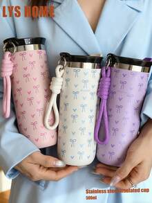 1pc 500ml Ins Style Heart & Bow Stainless Steel Double Wall Insulated Coffee Cup, Tumbler, Travel Mug, Tea Cup, Water Bottle, Suitable For Travel, Office, Home, School, Car, Christmas, Mother's Day, Valentine's Day, Birthday Gift - Multicolor - View 3
