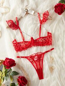 性感红色刺绣心形镂空内衣套装，包含可调节肩带文胸和配套内裤 - 紅色 - 查看 4