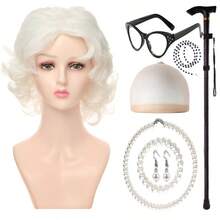 Trang phục bà già với tóc giả, phụ nữ trung niên và lớn tuổi, trang phục cosplay bà già tóc ngắn xoăn, bộ đồ hóa trang vui nhộn kèm tóc giả, mũ, vòng cổ ngọc trai, trang phục bà già thực tế, bộ trang phục bà già Halloween và Giáng sinh. - Nhiều màu - Xem 1