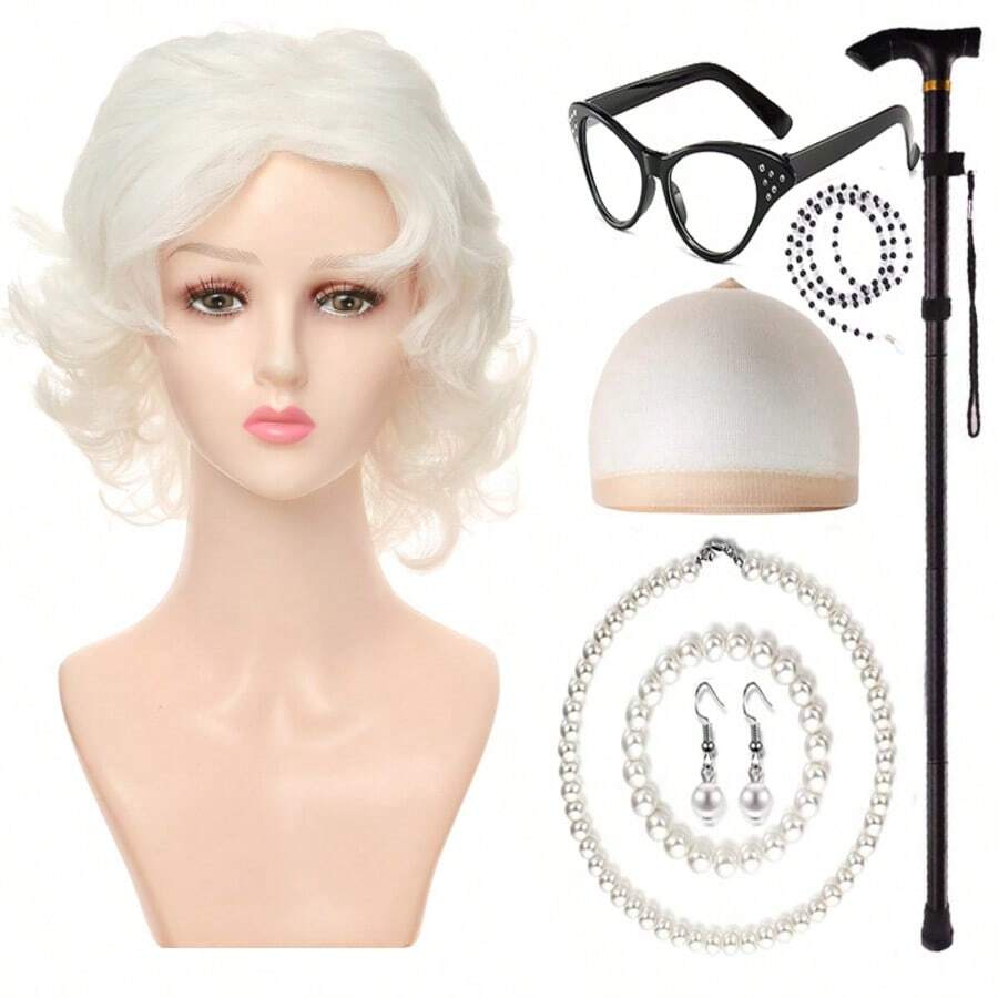 Trang phục bà già với tóc giả, phụ nữ trung niên và lớn tuổi, trang phục cosplay bà già tóc ngắn xoăn, bộ đồ hóa trang vui nhộn kèm tóc giả, mũ, vòng cổ ngọc trai, trang phục bà già thực tế, bộ trang phục bà già Halloween và Giáng sinh. - Nhiều màu - Xem 1