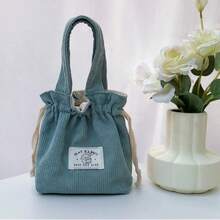 1pc Women's Handbag With Drawstring Closure, Simple And Durable, Women'S Versatile Corduroy Bag, Corduroy Drawstring Handbag, Lightweight Foldable Purse With Corduroy Exterior & Drawstring Closure, Minimalist Bag For Camping Travel, Work - Màu xanh bụi bặm - Xem 10