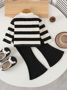 2pcs Baby Girls Polo Collar Striped Long Sleeve Top + Casual Flare Pants Set