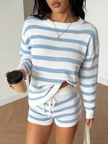 Mejors 女士 Y2K 可爱两件套条纹长袖针织衫上衣 + 短裤，抽绳腰带设计，适合旅行和日常穿着，休闲针织套装，女士春秋季服装，返校季服装，蓝色 - 藍色 - 查看 6
