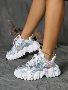 [Please Refer To The Size Chart In The Details] Women's Platform Sneakers, New Metallic Silver Splatter Chunky Shoes, Wavy Sole Casual Shoes, Silver Holographic Thick Bottom Shoes, Silver Athletic Shoes, Reflective Letter Pattern Elevated Fashion Sneakers For Women - 銀色 - 查看 7