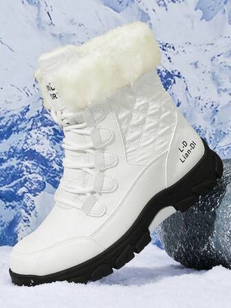 Men's Snow Boots, New Winter High-Top Thick Fur Lining Warm Boots, Thick Sole Anti-Slip Leather Boots, Outdoor Hiking Shoes With Rotating Button Design, Classic Mid-Calf Fur Collar Boots, Anti-Slip Thick Sole, Super Cold-Resistant, Ice And Snow World Companion Winter Snow Boots For Men