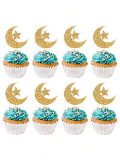 6/12/18/24pcs Star & Moon Cake Toppers, Glitter Paper Cupcake Picks, Party Supplies Tabletop Decorations