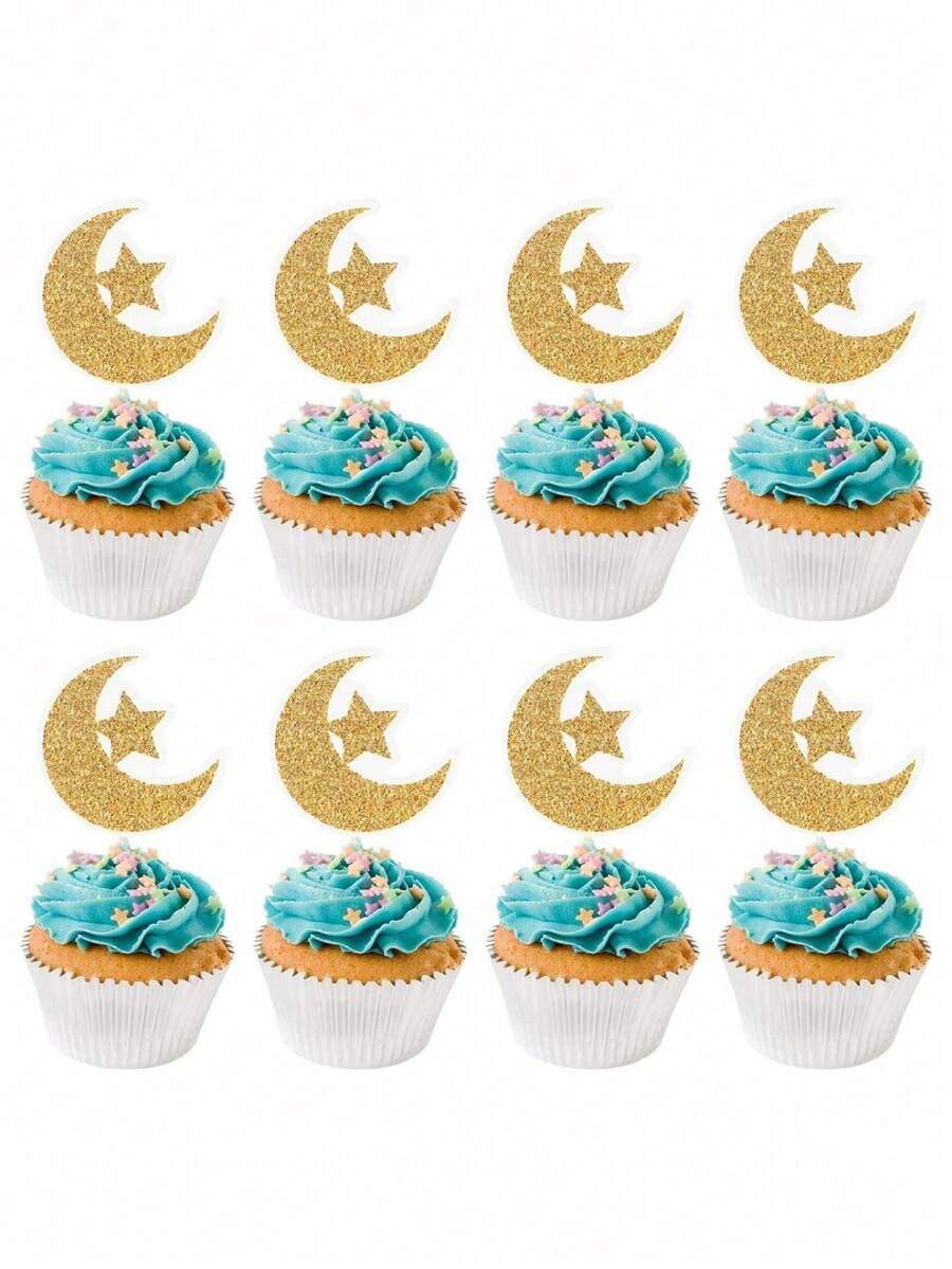 6/12/18/24pcs Star & Moon Cake Toppers, Glitter Paper Cupcake Picks, Party Supplies Tabletop Decorations - Gold - View 1