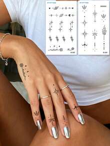 STARTTOOS 2张黑色极简主义手指纹身贴纸，线条细腻，可定制星月图案，临时假纹身贴纸，DIY，日常派对，节日礼物，适用于手指、耳朵、肩膀、脖子、锁骨等身体部位，防水，逼真纹身贴纸 - 黑色 - 查看 9