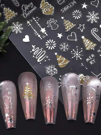 Shiny Snowflake Decorations, Winter Gold And Silver Snowflake Cartoon Reindeer Christmas Gift Stickers, Christmas Nail Stickers, Snowman, Reindeer And 3D Snowflake Stickers, With Decorative Stickers