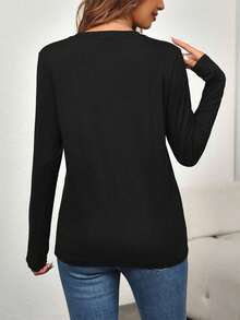 Women's Black 100% Cotton Autumn 2026 Happy New Year Crew Neck Simple Casual Everyday Top, Celebrating The New Year With Printed Pattern, Sparkling Ball And Bow Print Long-Sleeved T-Shirt, Full Of New Year's Atmosphere Printed Long-Sleeved T-Shirt Top - Black - View 7