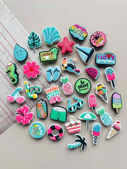 35 PCS Colorful Summer Collection, Imaginative PVC DIY Shoe Decorations, Suitable For Summer Parties And Birthday Gifts, Shoe Charm Decorations, Beach Bags, Keychains, Suitable For Birthday Party Gifts, Vacation Accessories, Christmas, Valentine's Day Birthday Party Gifts