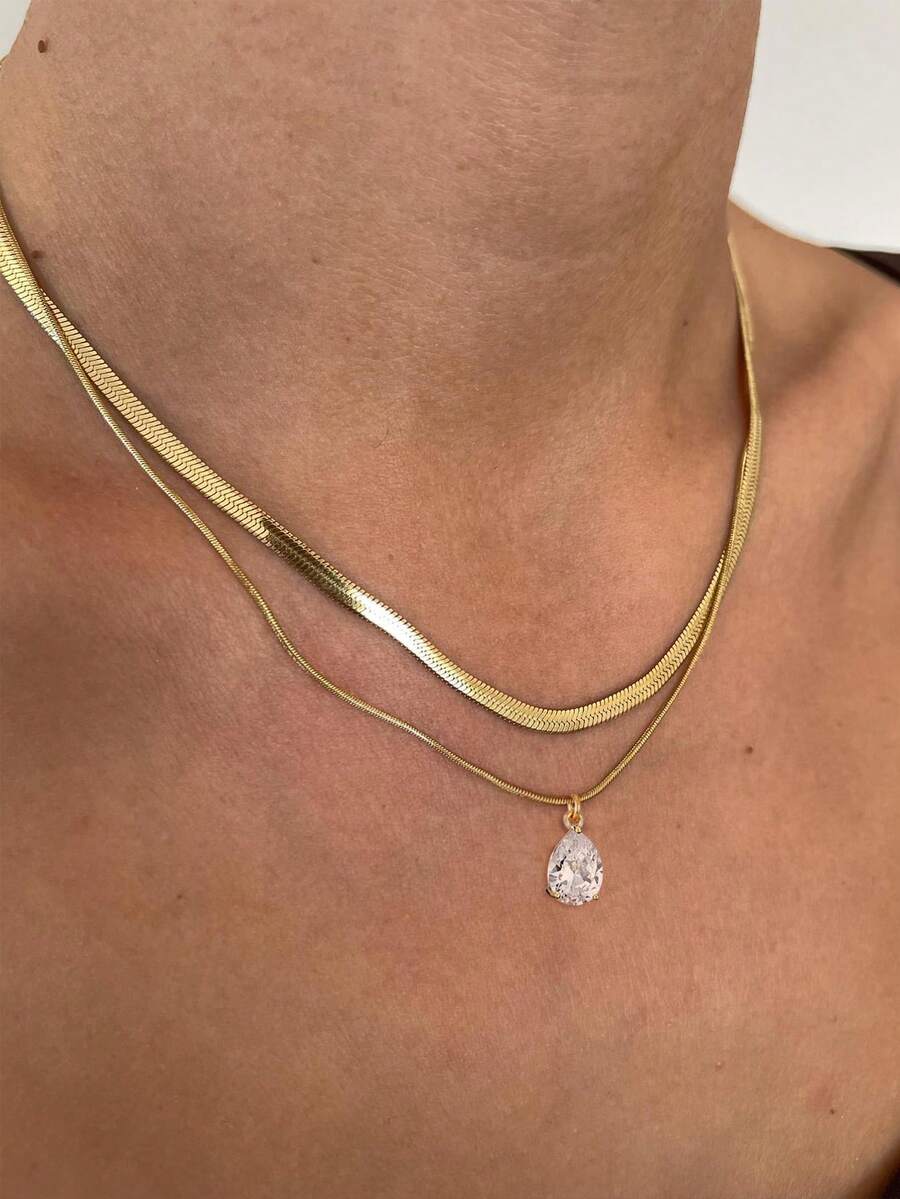 Nooxian Bộ 2 chiếc/Bộ vòng cổ nữ, Dây chuyền rắn bằng thép không gỉ đa năng hàng ngày & Mặt dây chuyền hình giọt nước Cubic Zirconia