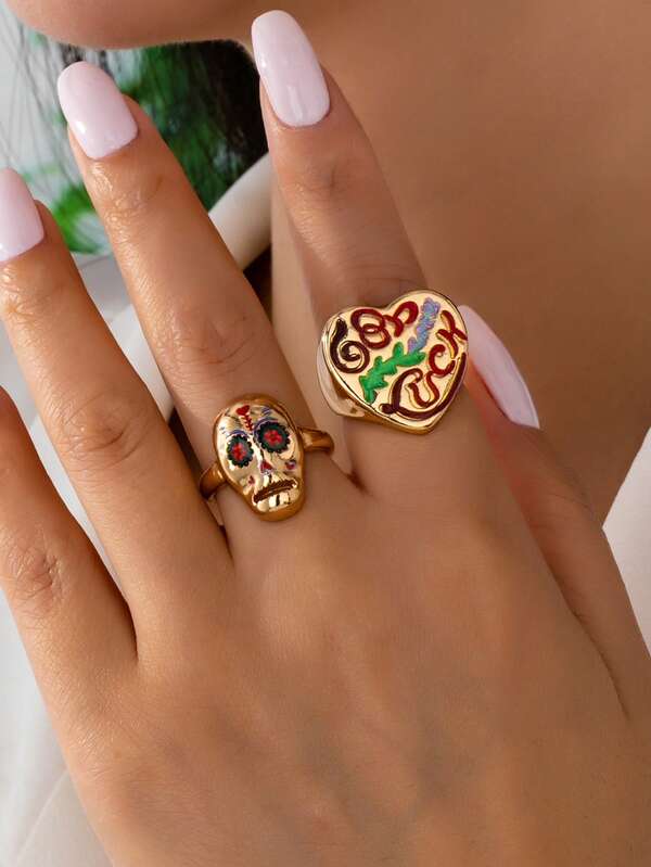 1 set Bagues pour femmes avec design peint à la main de cœurs et de crânes, accessoires de bijoux polyvalents