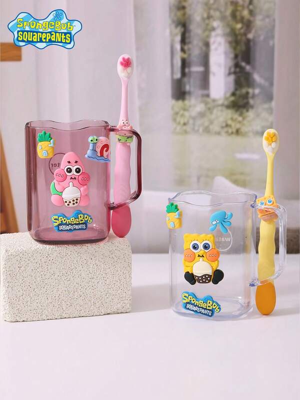 SPONGEBOB Conjunto de escova de dentes com estampa de desenho animado do Bob Esponja Calça Quadrada, 1 peça, copo de água para banheiro do Bob Esponja Calça Quadrada, design fofo e simples, à prova de choque, essencial para festas de viagem, primeira escolha para presentes de festivais e aniversários