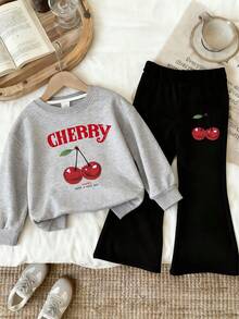 Set 2 buc. Hanorac cu guler rotund și pantaloni evazați cu talie înaltă, imprimeu minimalist casual, potrivit pentru copii și adolescenți, toamnă/iarnă