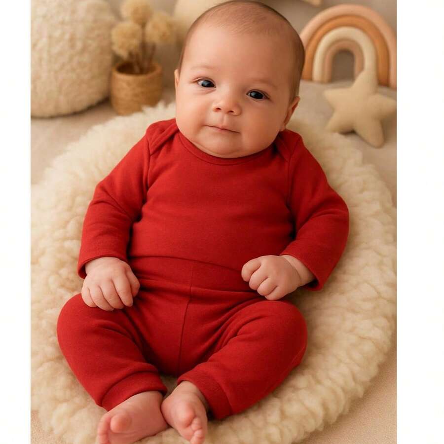 Baby 2-Piece Set: Long-Sleeved Bodysuit And Footed Pants, 100% Cotton Suedine Fabric, Maternity Layette, Kids' Romper, Children's Clothing - 紅色 - 查看 1