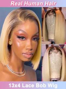 Highlight Ombre Short Bob Wigs Human Hair Glueless Wig 14 Inch 13x4 Lace Front Wigs Short Bob Human Hair 150% Density Colored #T4/27 Honey Blonde For Women - S4/27 - View 2