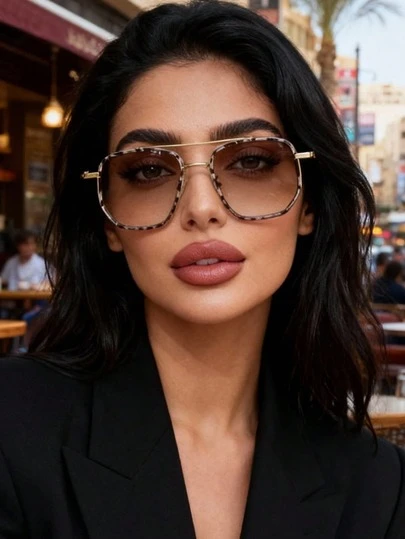 1pc Large Frame Double Beam Metal Women's Fashion Glasses, Tortoiseshell Color Double Beam Pilot Frame Metal Glasses, Women's Vacation Glasses, Versatile Glasses For Autumn And Winter Seasons